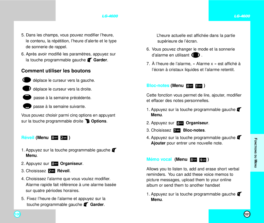 LG Electronics 4600 manual Réveil Menu, Bloc-notes Menu, Mémo vocal Menu 