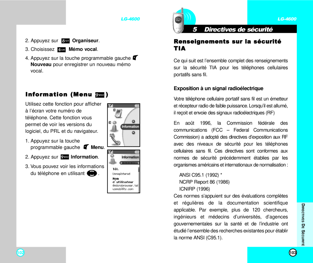 LG Electronics 4600 manual Directives de sécurité, Information Menu, Exposition à un signal radioélectrique 