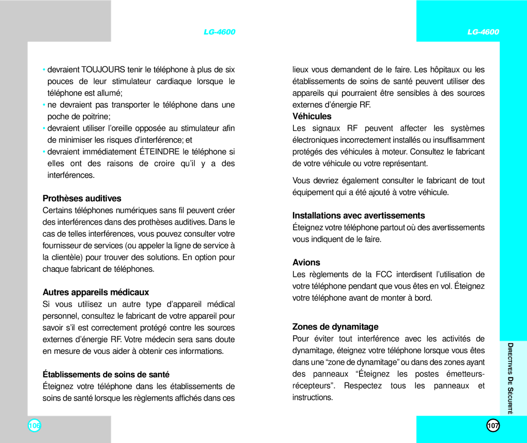 LG Electronics 4600 Prothèses auditives, Autres appareils médicaux, Véhicules, Installations avec avertissements, Avions 