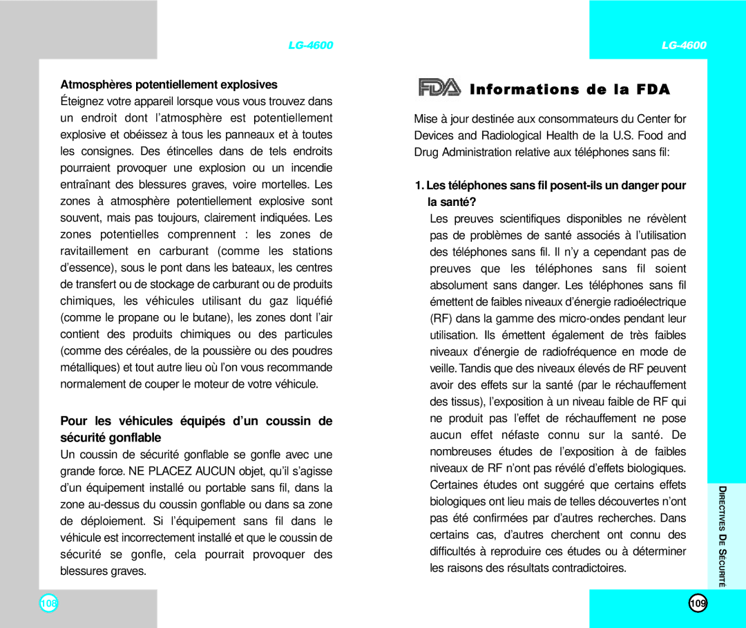 LG Electronics 4600 manual Informations de la FDA, Atmosphères potentiellement explosives 