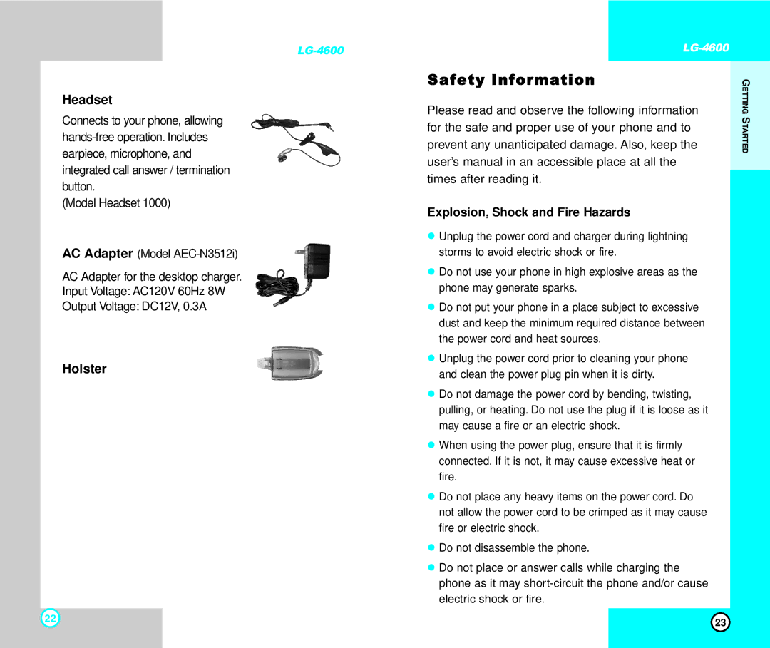 LG Electronics 4600 manual Safety Information, Headset, Holster, Explosion, Shock and Fire Hazards 