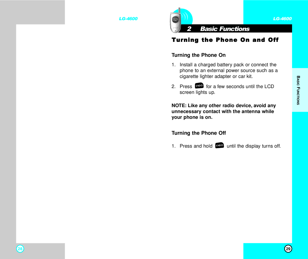 LG Electronics 4600 manual Basic Functions, Turning the Phone On and Off, Turning the Phone Off 