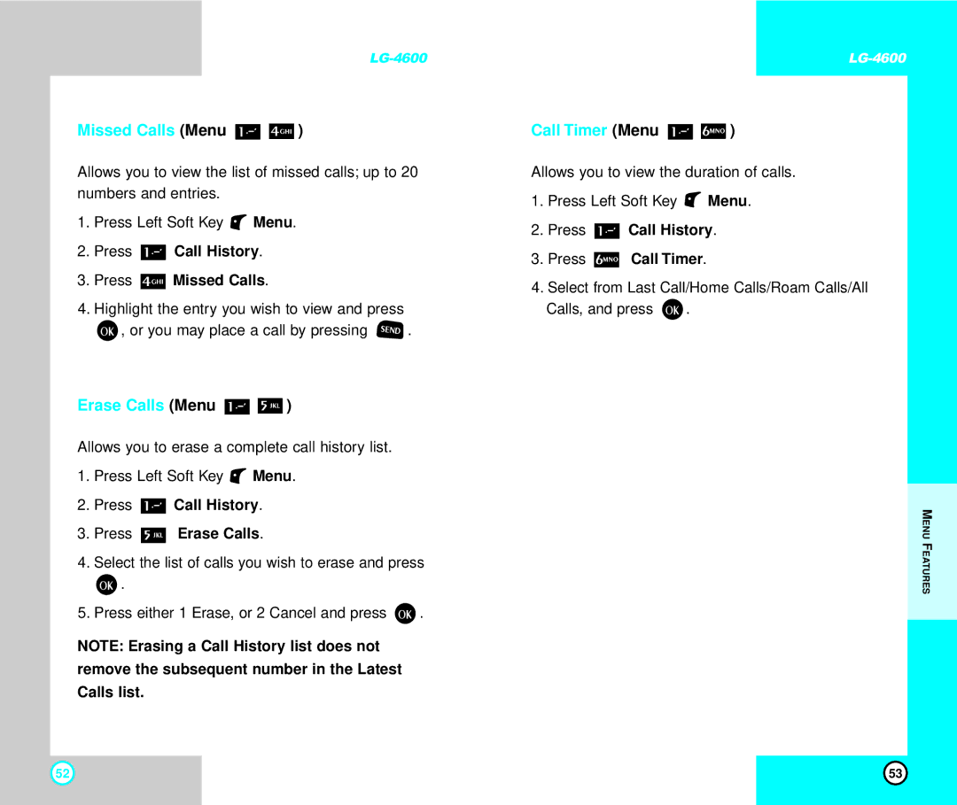 LG Electronics 4600 manual Missed Calls Menu, Erase Calls Menu, Call Timer Menu 