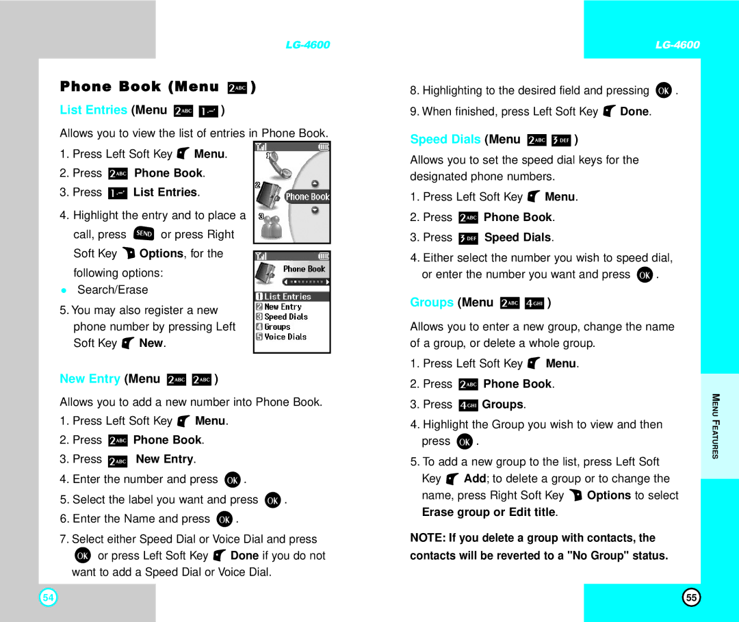 LG Electronics 4600 manual Phone Book Menu, List Entries Menu, New Entry Menu, Speed Dials Menu, Groups Menu 