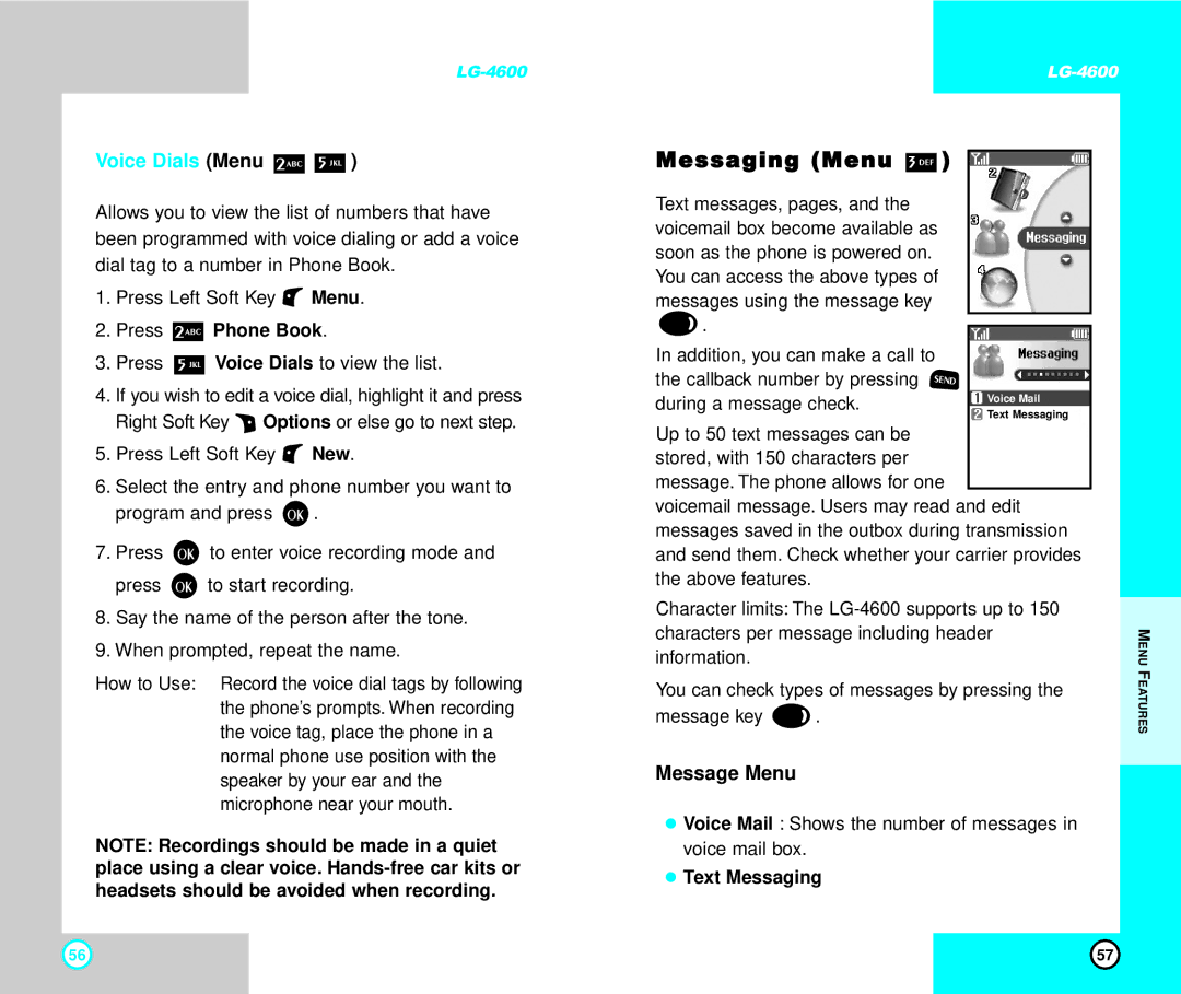 LG Electronics 4600 manual Messaging Menu, Voice Dials Menu, Message Menu, Text Messaging 