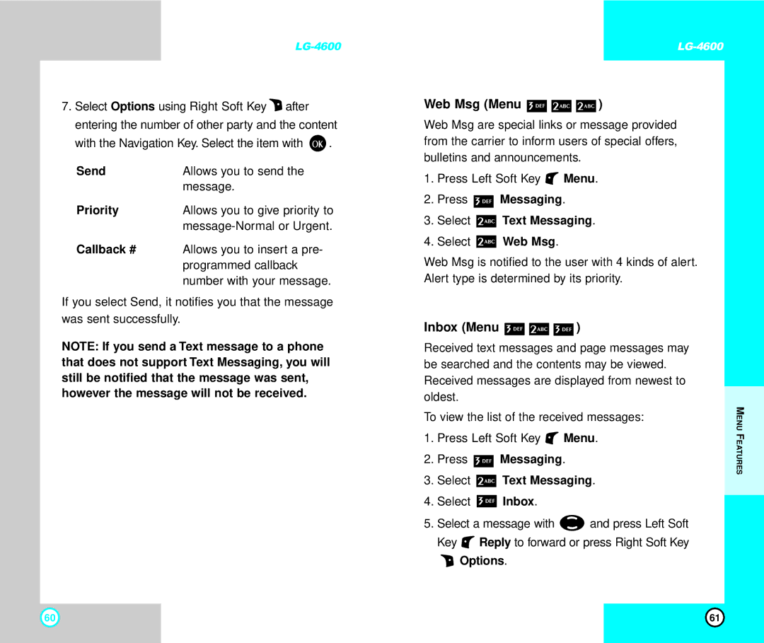 LG Electronics 4600 manual Web Msg Menu, Inbox Menu 