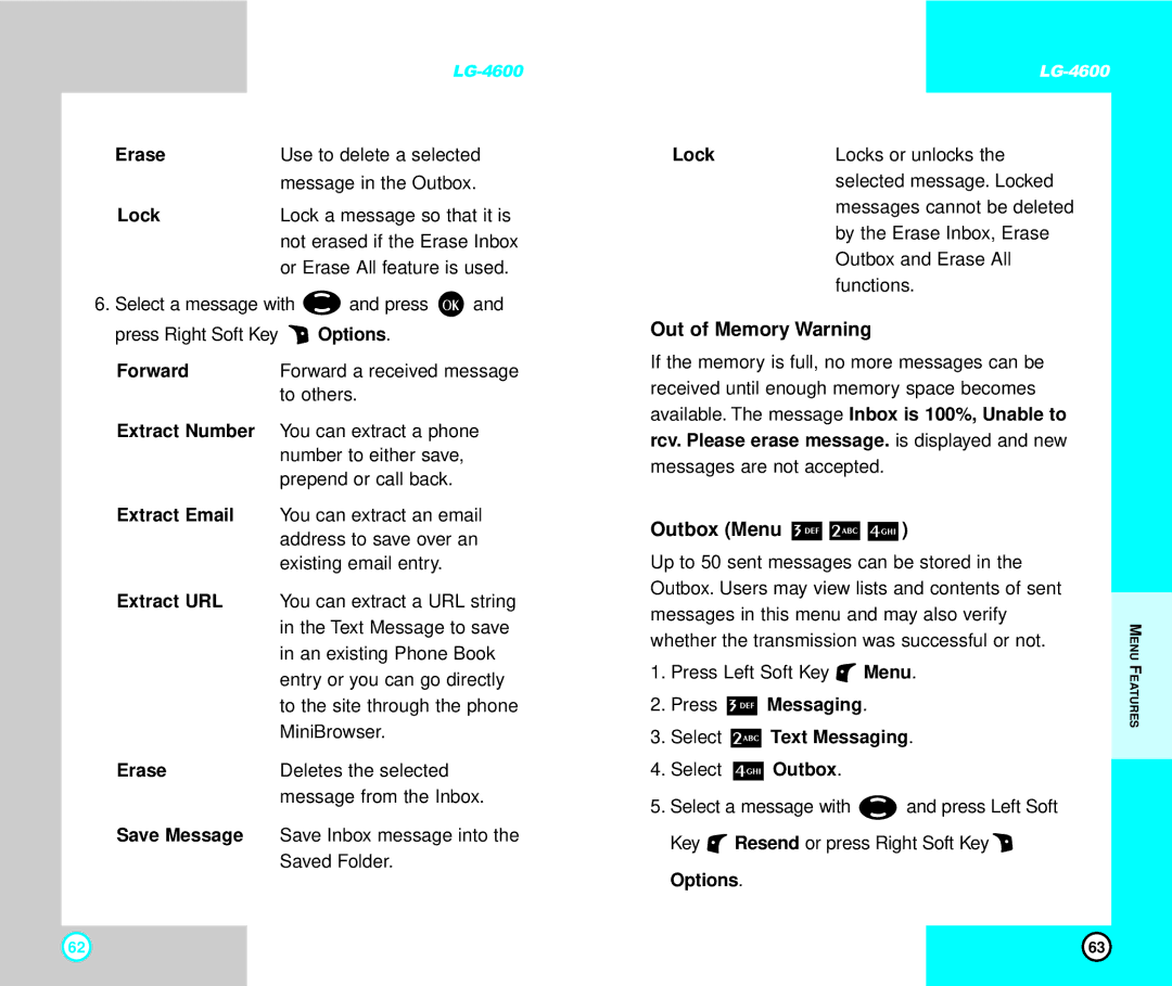 LG Electronics 4600 manual Out of Memory Warning, Outbox Menu 