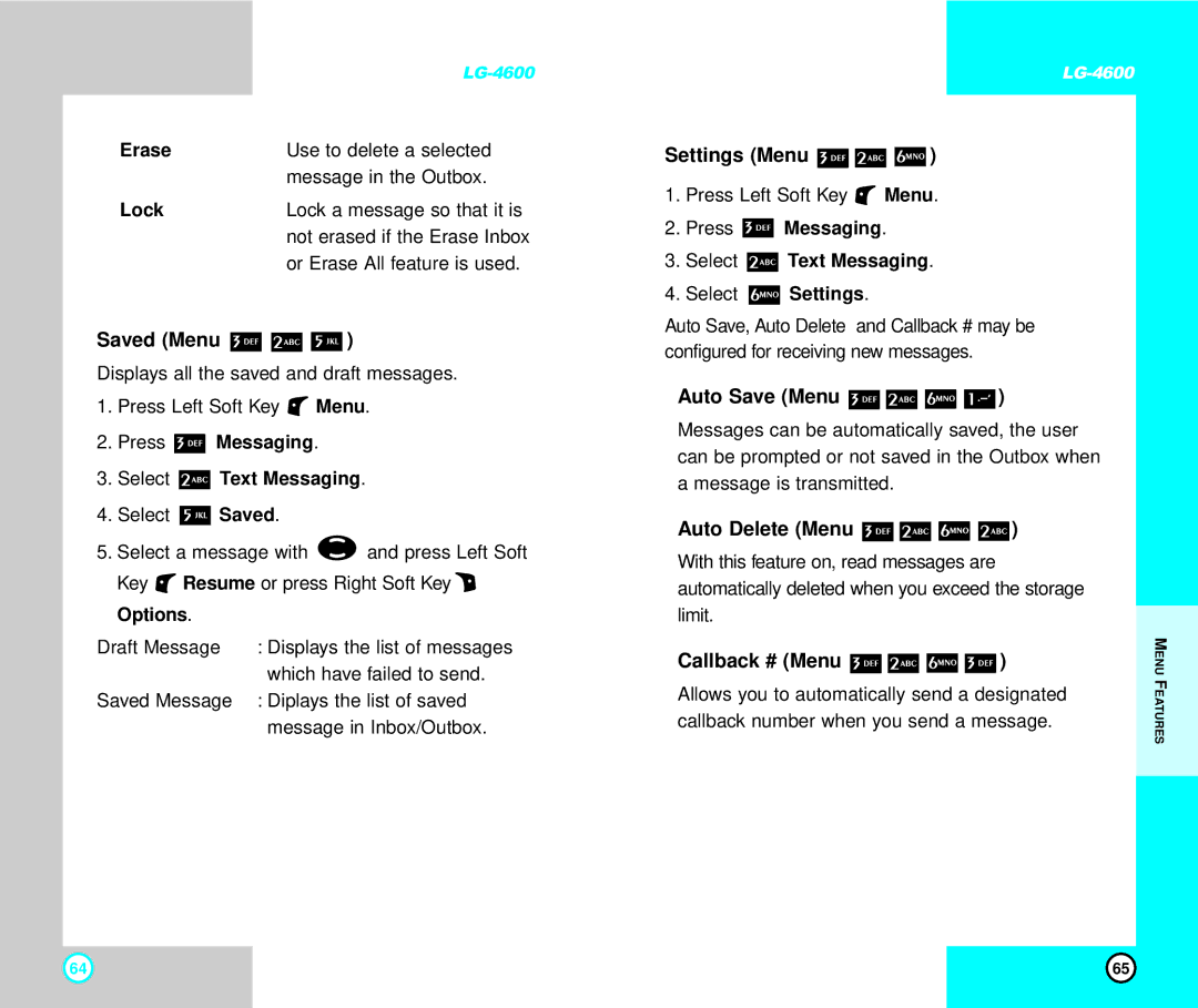 LG Electronics 4600 manual Saved Menu, Settings Menu, Auto Save Menu, Auto Delete Menu, Callback # Menu 