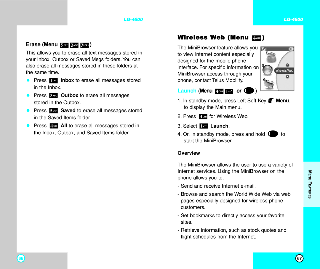 LG Electronics 4600 manual Wireless Web Menu, Erase Menu, Launch Menu or, Overview 