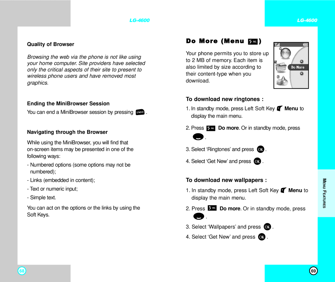 LG Electronics 4600 manual Do More Menu, To download new ringtones, To download new wallpapers 