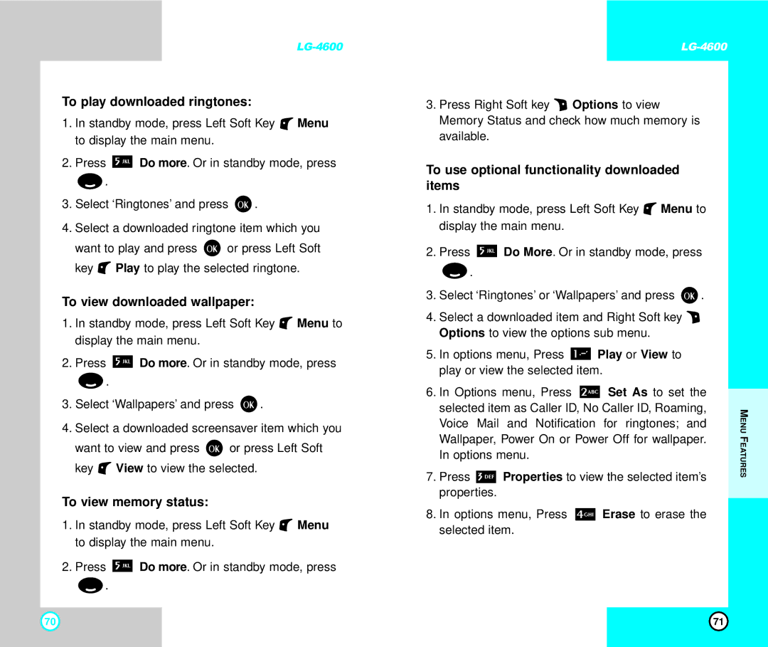 LG Electronics 4600 manual To play downloaded ringtones, To view downloaded wallpaper, To view memory status 