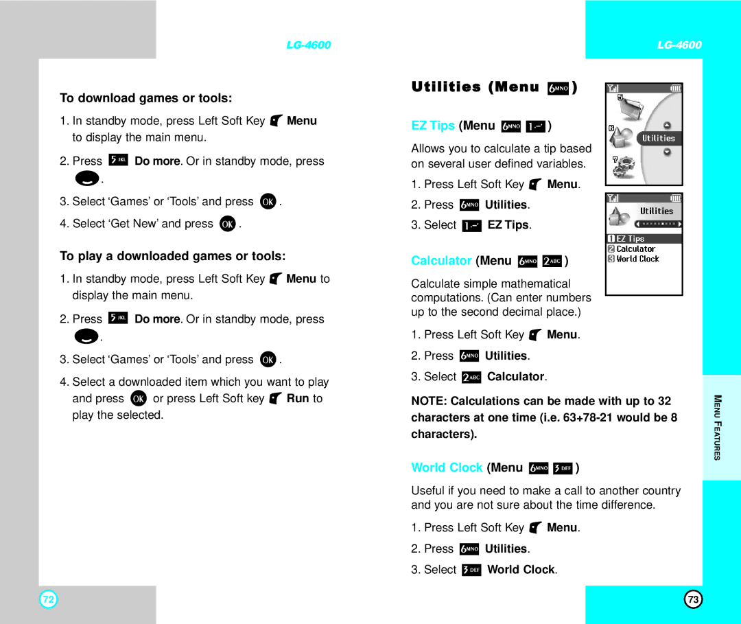 LG Electronics 4600 manual Utilities Menu, EZ Tips Menu, Calculator Menu, World Clock Menu 