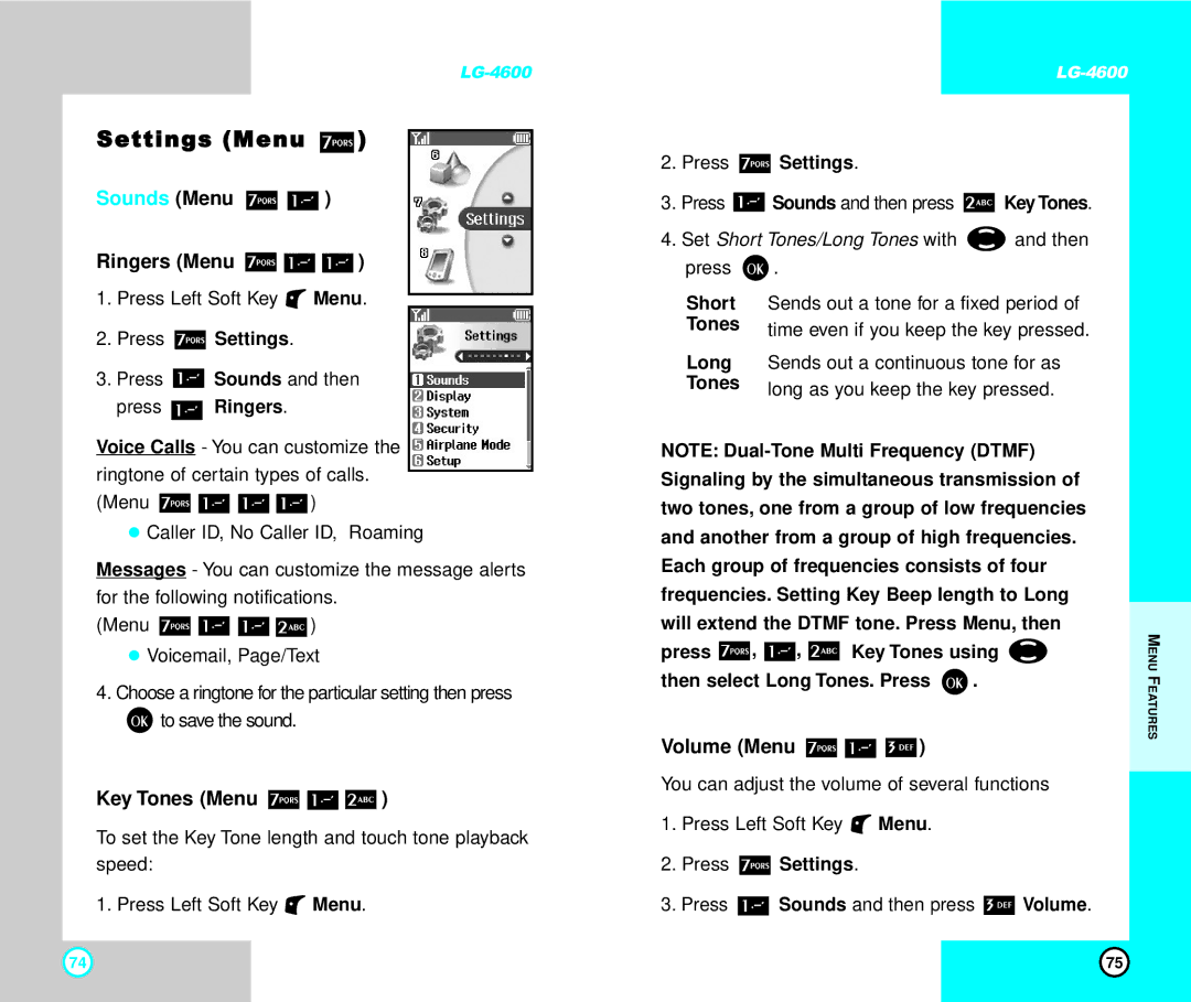 LG Electronics 4600 manual Settings Menu, Sounds Menu Ringers Menu, Key Tones Menu, Volume Menu 