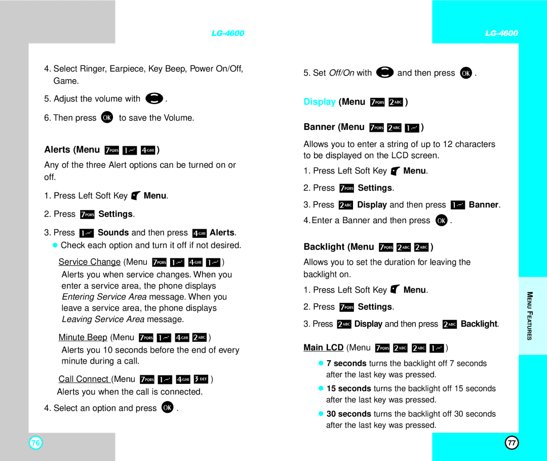 LG Electronics 4600 manual Alerts Menu, Display Menu, Banner Menu, Backlight Menu 