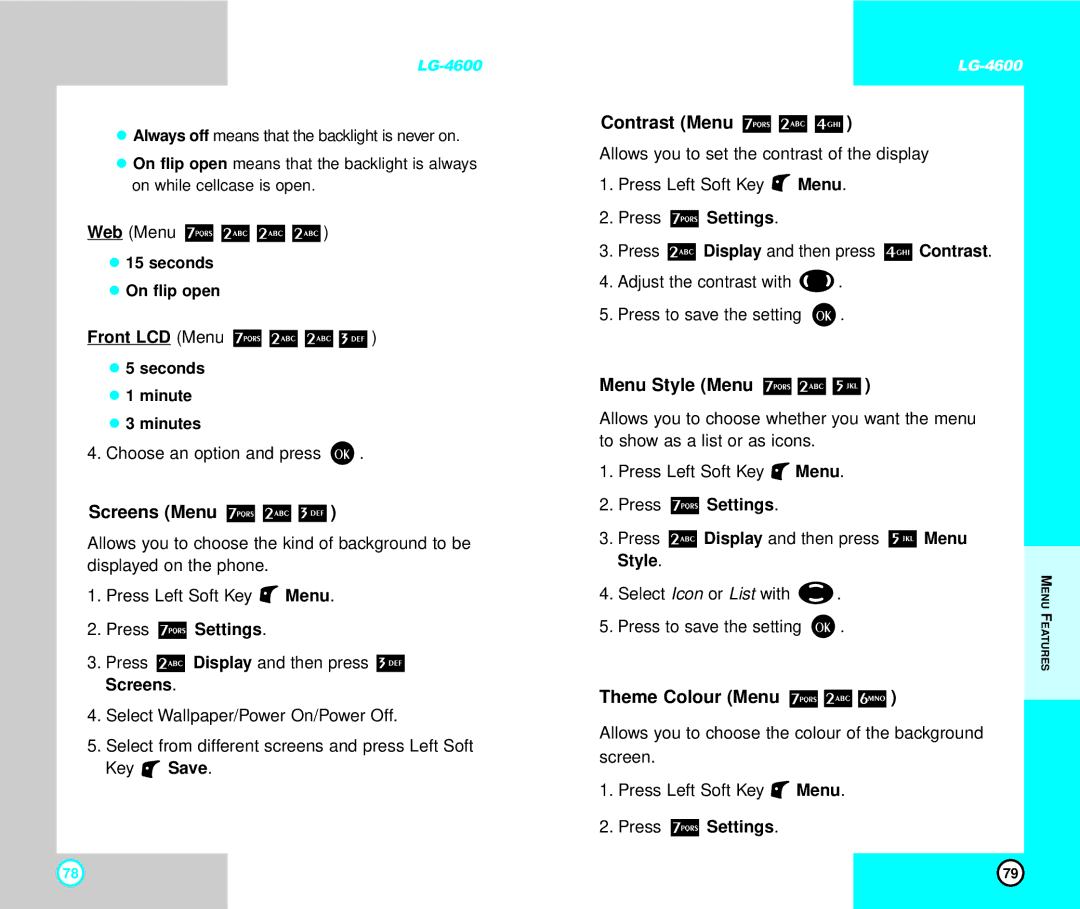 LG Electronics 4600 manual Screens Menu, Contrast Menu, Menu Style Menu, Theme Colour Menu 