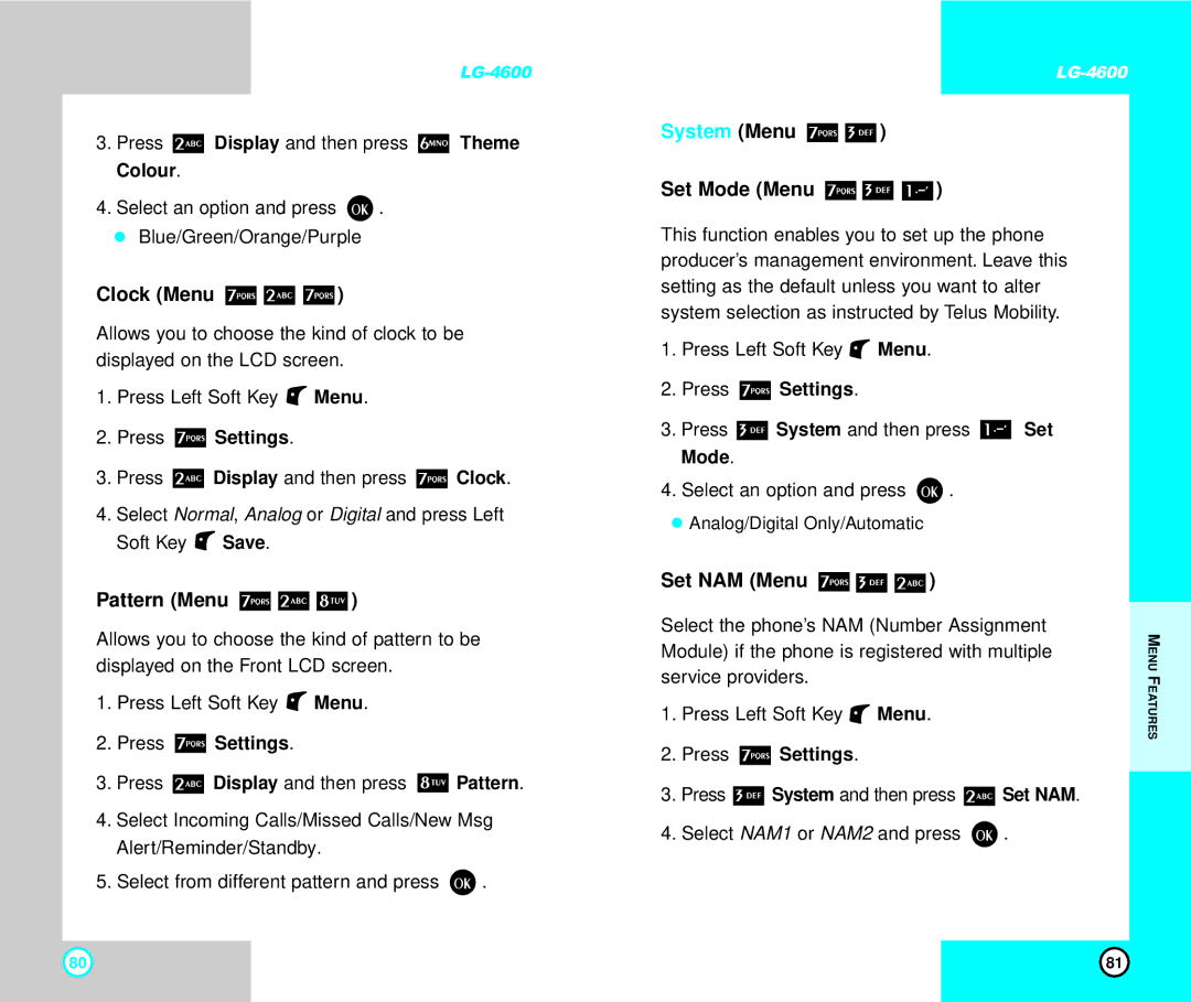 LG Electronics 4600 manual Clock Menu, Pattern Menu, System Menu Set Mode Menu, Set NAM Menu 