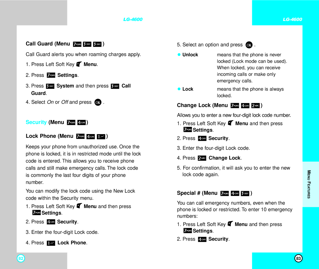LG Electronics 4600 manual Call Guard Menu, Security Menu, Lock Phone Menu, Change Lock Menu, Special # Menu 