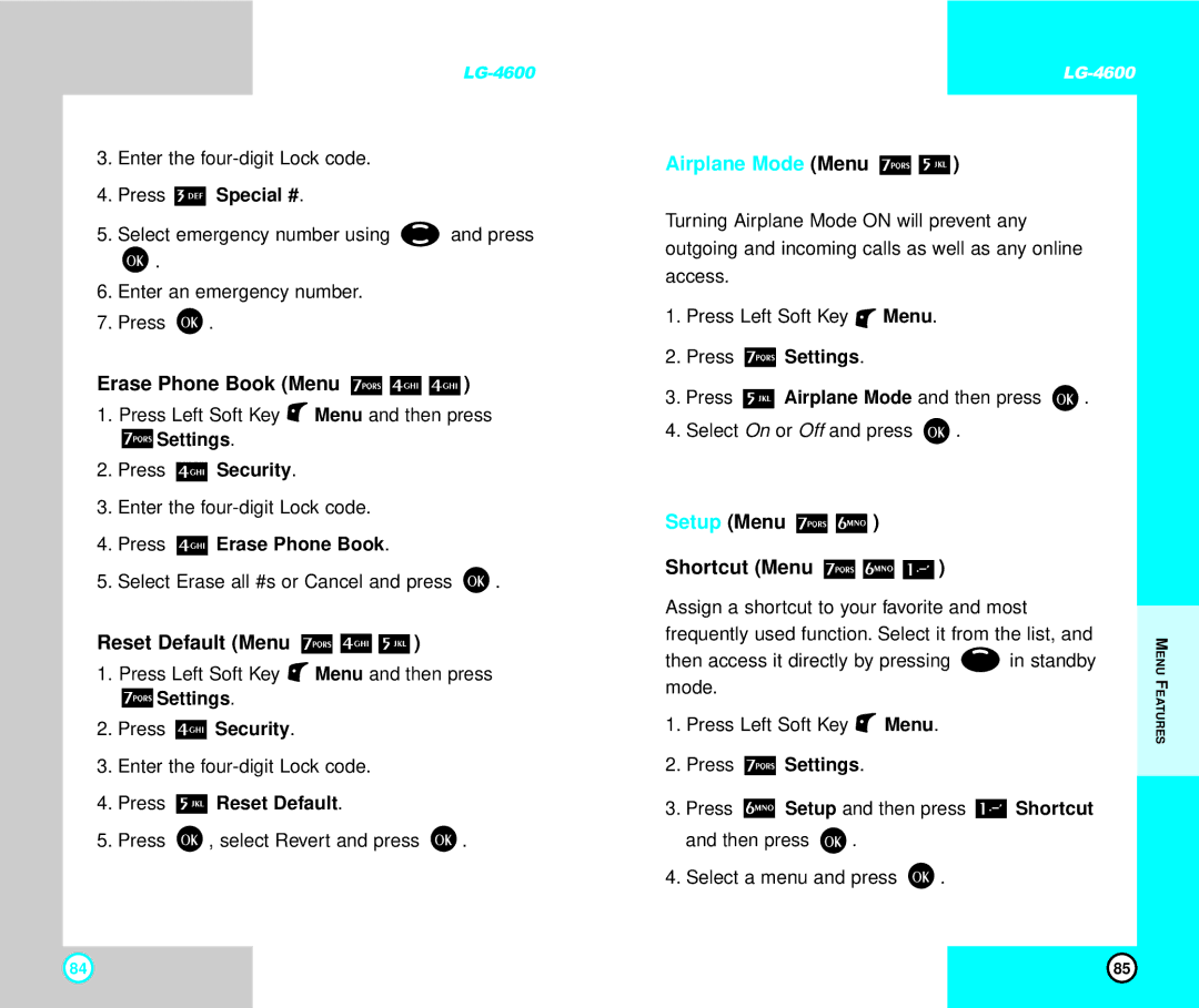 LG Electronics 4600 manual Erase Phone Book Menu, Reset Default Menu, Airplane Mode Menu, Setup Menu Shortcut Menu 