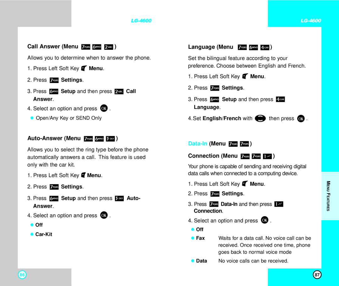 LG Electronics 4600 manual Call Answer Menu, Auto-Answer Menu, Language Menu, Data-In Menu, Connection Menu 
