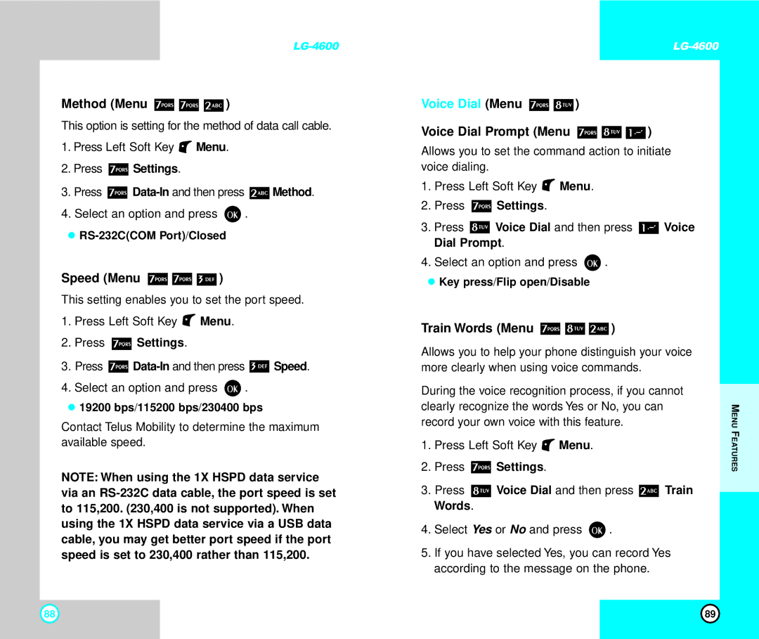 LG Electronics 4600 manual Method Menu, Speed Menu, Voice Dial Menu, Voice Dial Prompt Menu, Train Words Menu 