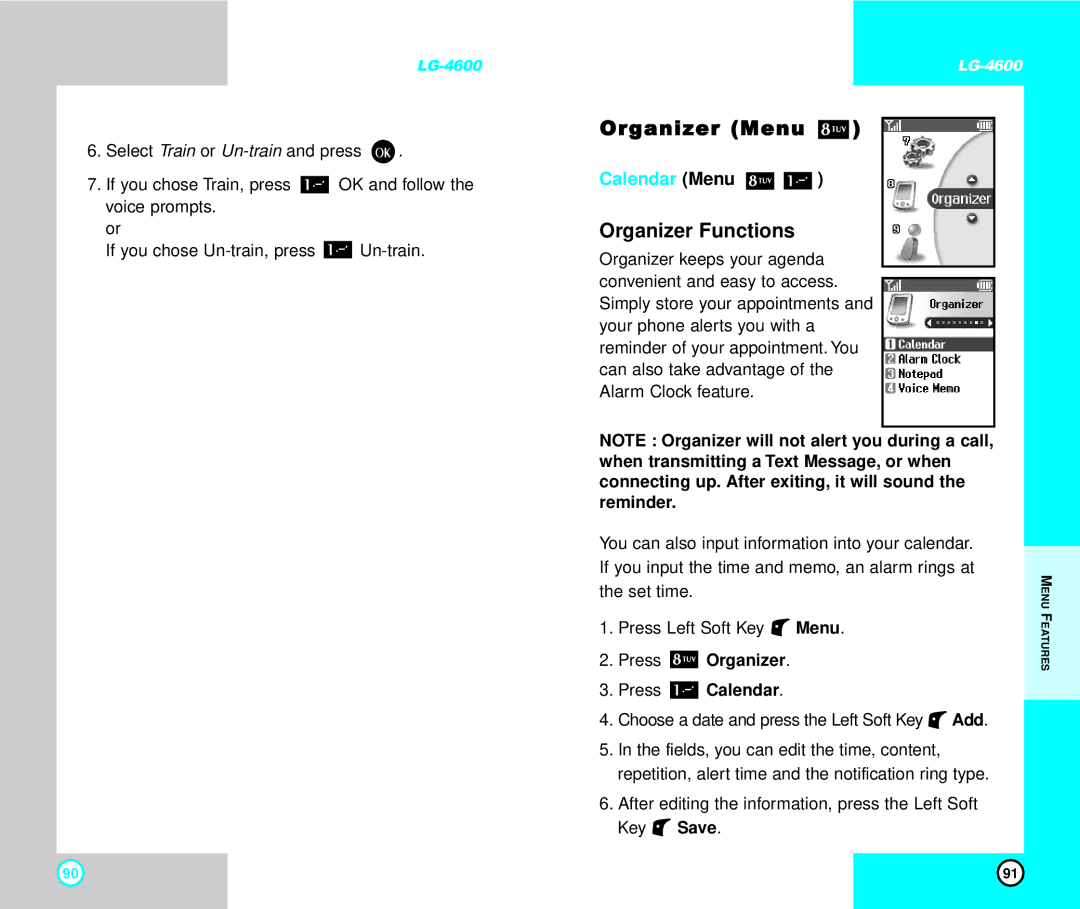 LG Electronics 4600 manual Organizer Menu, Calendar Menu, Press Organizer Press Calendar 