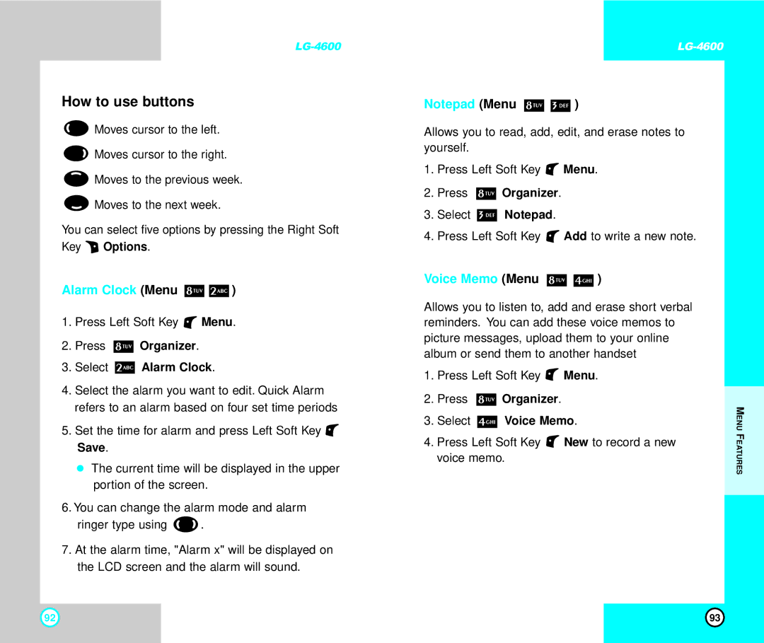 LG Electronics 4600 manual Alarm Clock Menu, Voice Memo Menu, Press Organizer Select Alarm Clock 