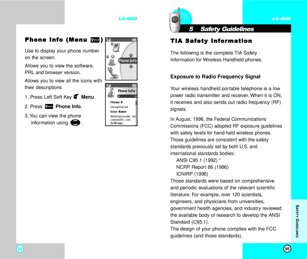 LG Electronics 4600 manual Safety Guidelines, Phone Info Menu, TIA Safety Information, Exposure to Radio Frequency Signal 