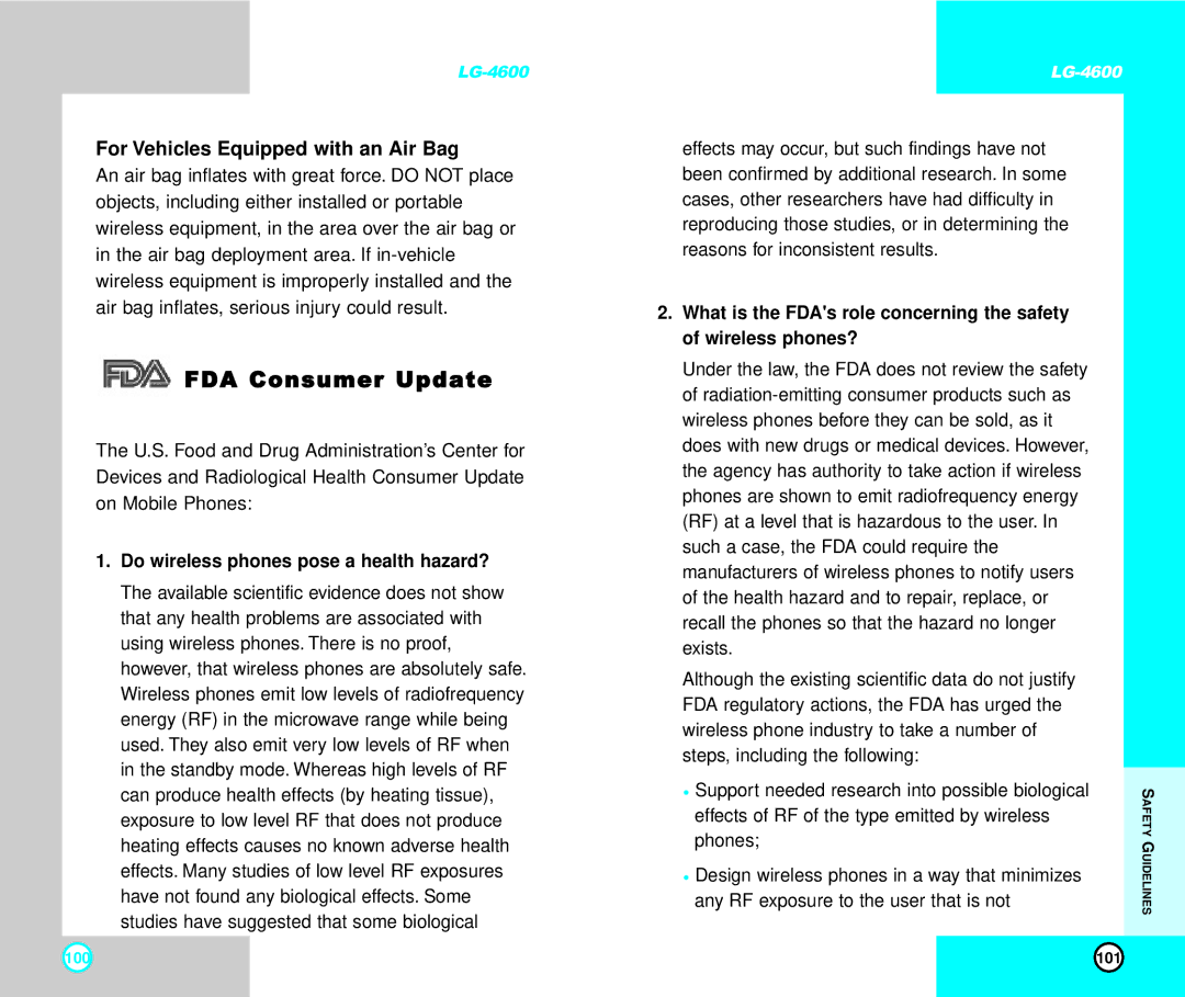 LG Electronics 4600 FDA Consumer Update, For Vehicles Equipped with an Air Bag, Do wireless phones pose a health hazard? 