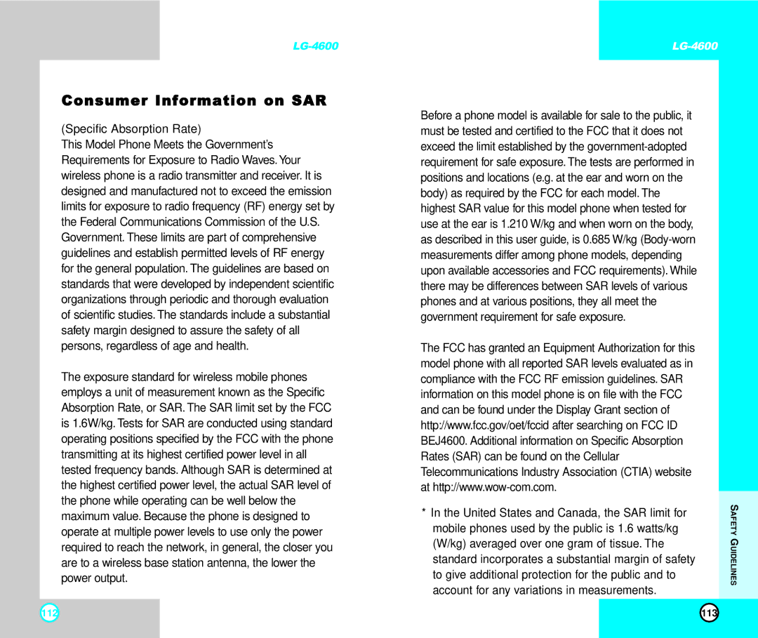 LG Electronics 4600 manual Consumer Information on SAR, Specific Absorption Rate 