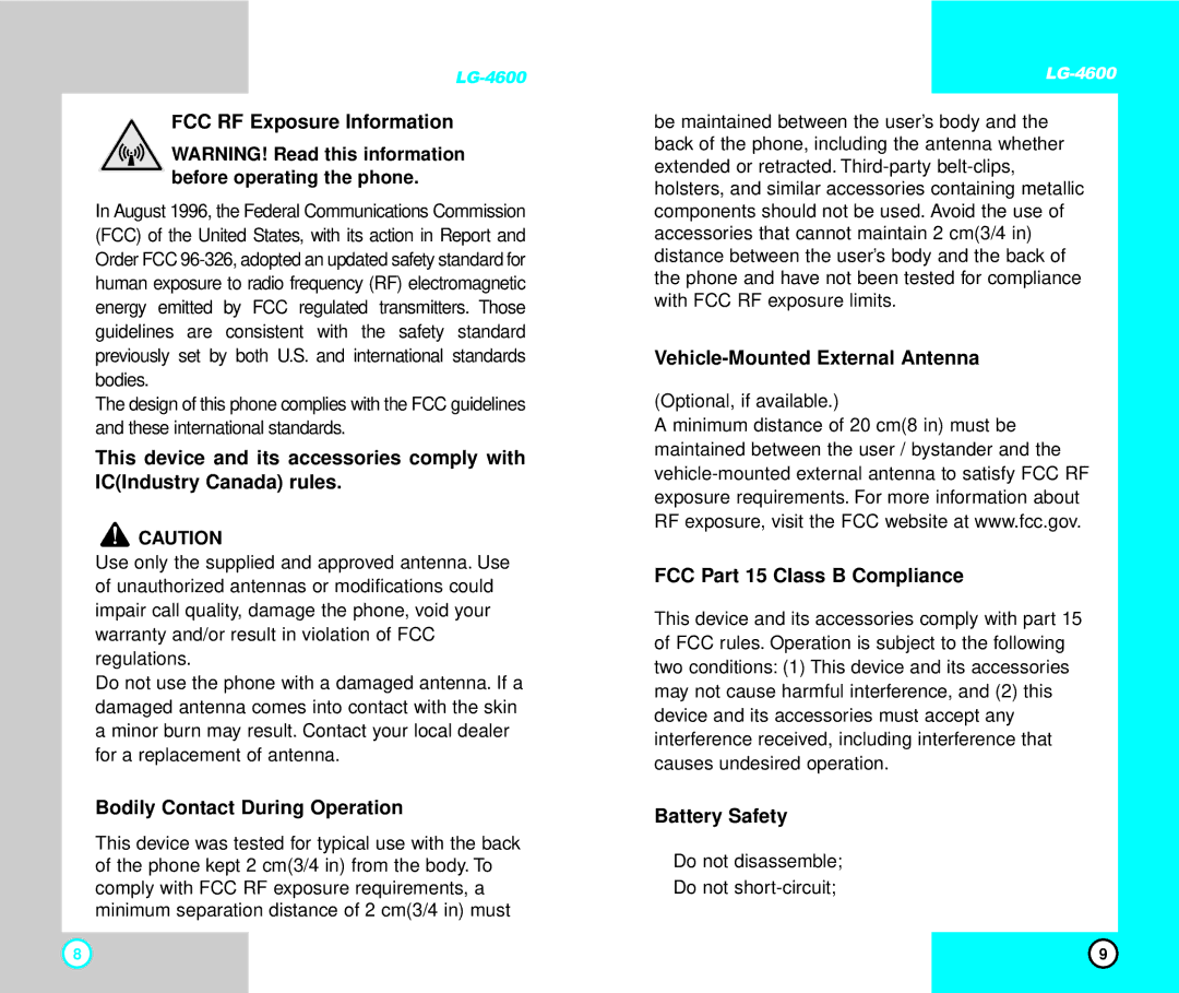 LG Electronics 4600 manual FCC RF Exposure Information, Bodily Contact During Operation, Vehicle-Mounted External Antenna 