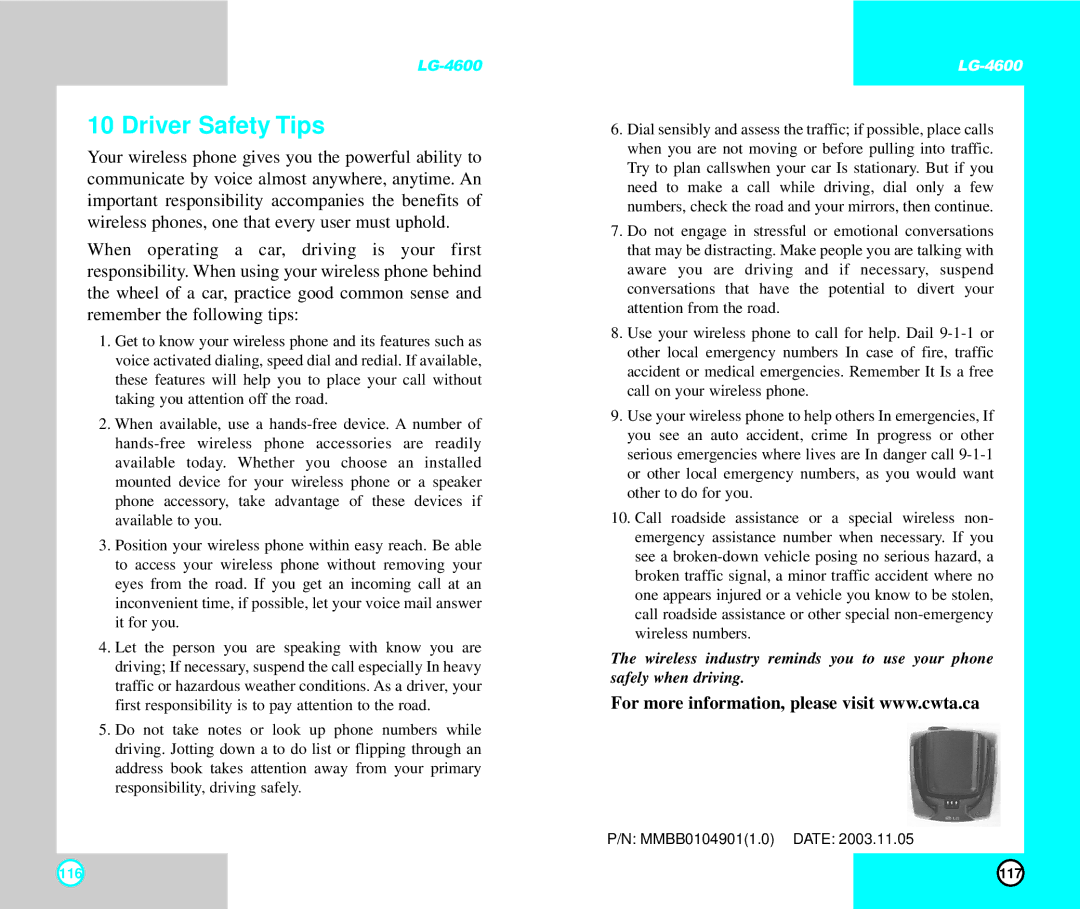 LG Electronics 4600 manual Driver Safety Tips 