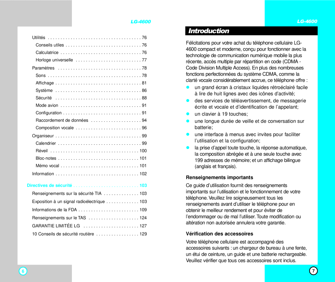 LG Electronics 4600 manual Renseignements importants, Vérification des accessoires 