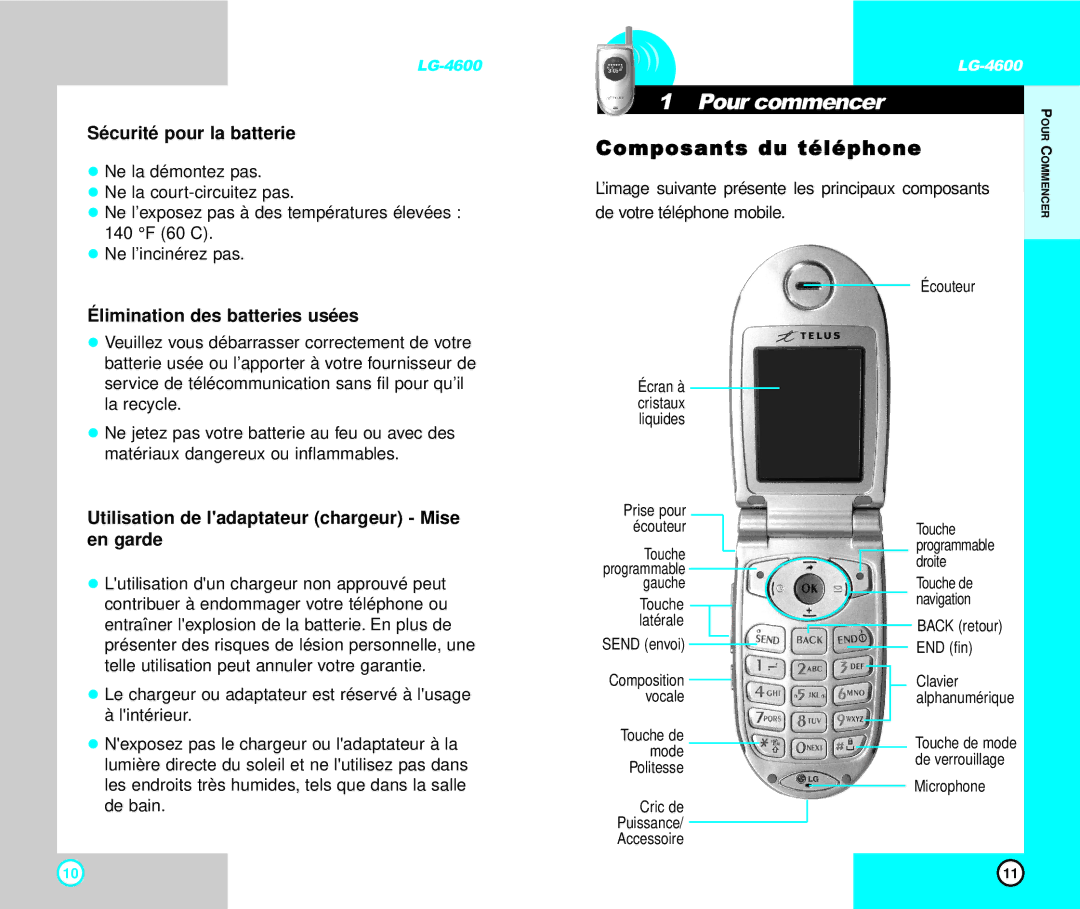 LG Electronics 4600 Pour commencer, Composants du téléphone, Sécurité pour la batterie, Élimination des batteries usées 