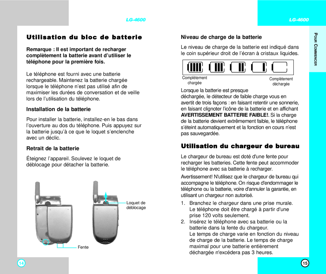 LG Electronics 4600 manual Utilisation du bloc de batterie, Utilisation du chargeur de bureau, Installation de la batterie 