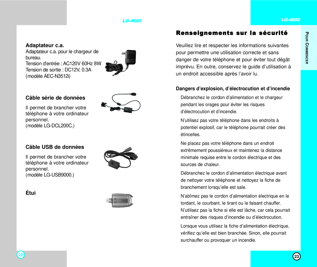 LG Electronics 4600 Renseignements sur la sécurité, Adaptateur c.a, Câble série de données, Câble USB de données, Étui 