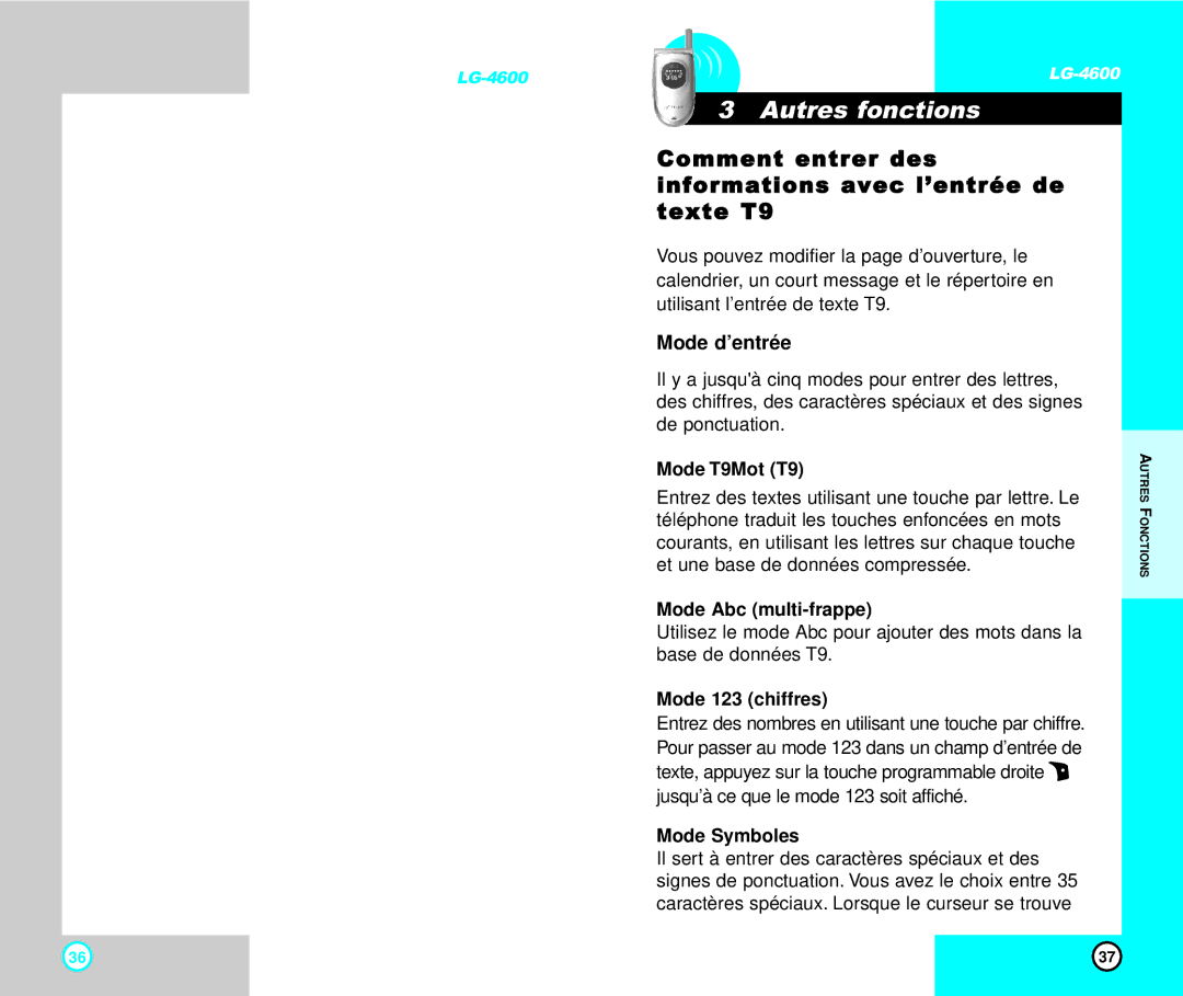 LG Electronics 4600 manual Autres fonctions, Comment entrer des informations avec l’entrée de texte T9, Mode d’entrée 