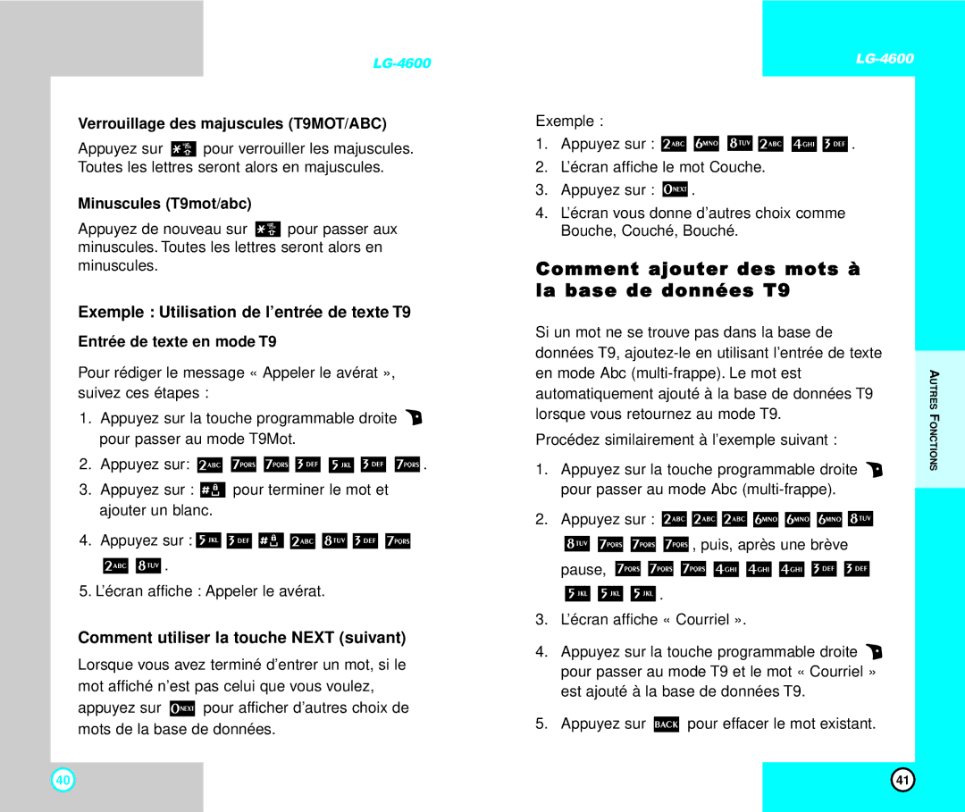 LG Electronics 4600 manual Comment ajouter des mots à la base de données T9, Exemple Utilisation de l’entrée de texte T9 