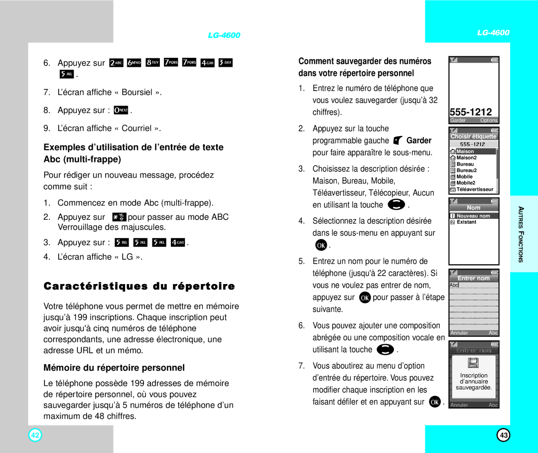 LG Electronics 4600 manual Caractéristiques du répertoire, Mémoire du répertoire personnel 