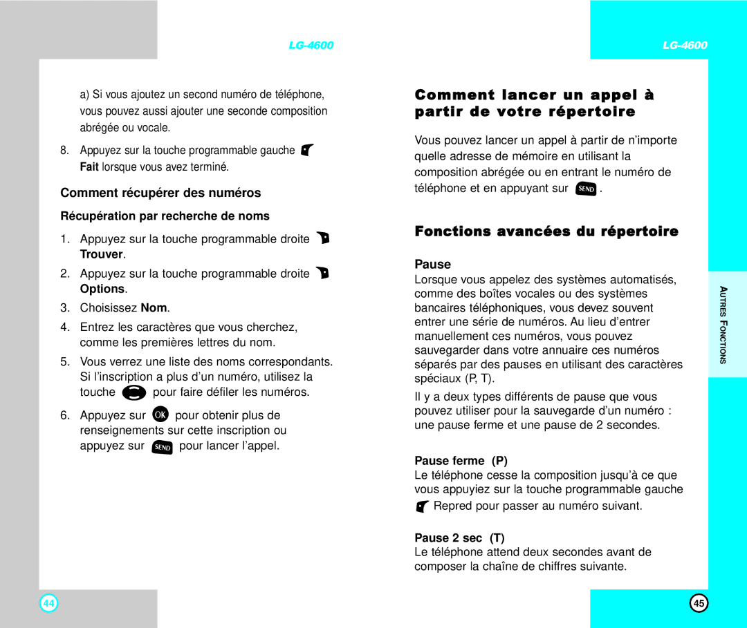 LG Electronics 4600 manual Comment lancer un appel à partir de votre répertoire, Fonctions avancées du répertoire 