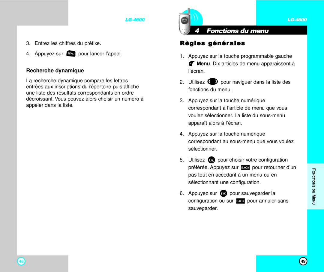LG Electronics 4600 manual Fonctions du menu, Règles générales, Recherche dynamique 