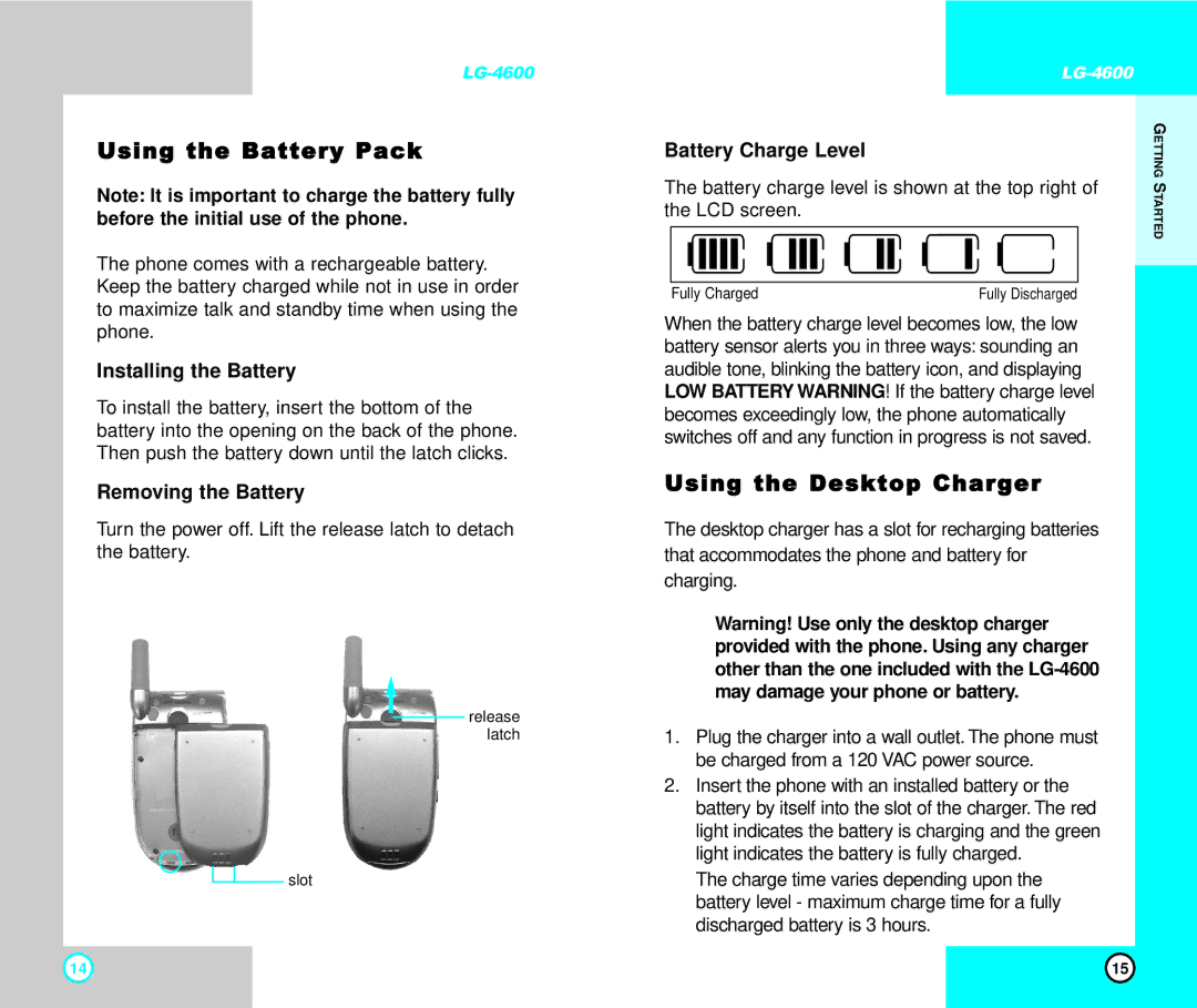 LG Electronics 4600 manual Using the Battery Pack, Using the Desktop Charger, Installing the Battery, Removing the Battery 