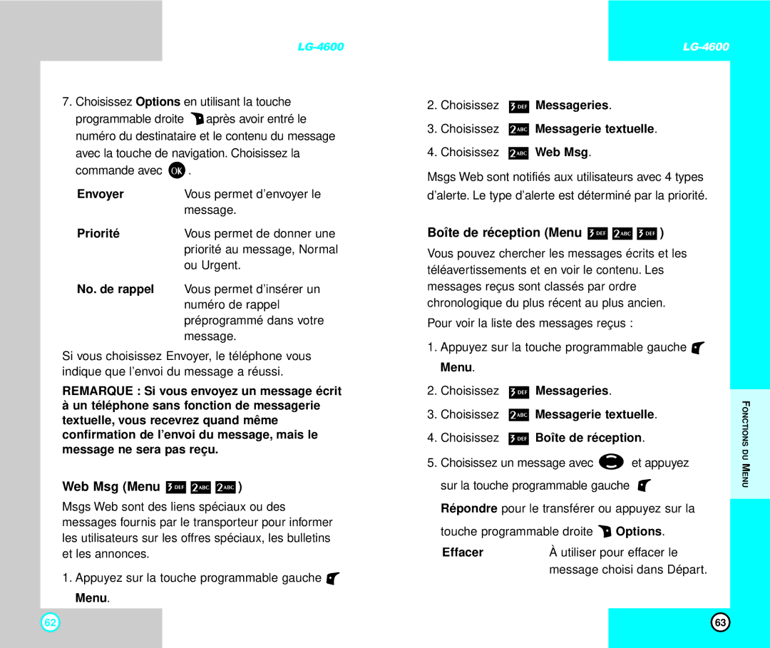 LG Electronics 4600 manual Boîte de réception Menu, Envoyer, Priorité, Choisissez Messagerie textuelle 