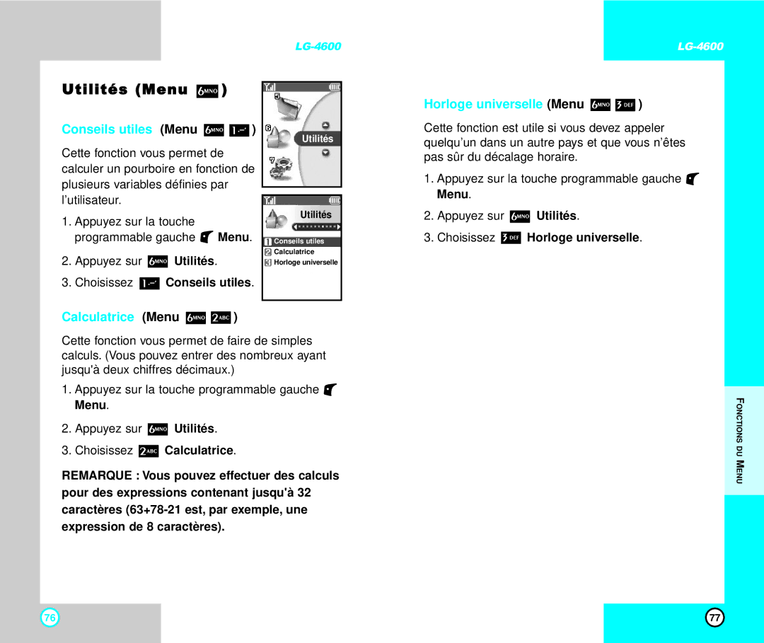 LG Electronics 4600 manual Utilités Menu, Conseils utiles Menu, Horloge universelle Menu, Calculatrice Menu 