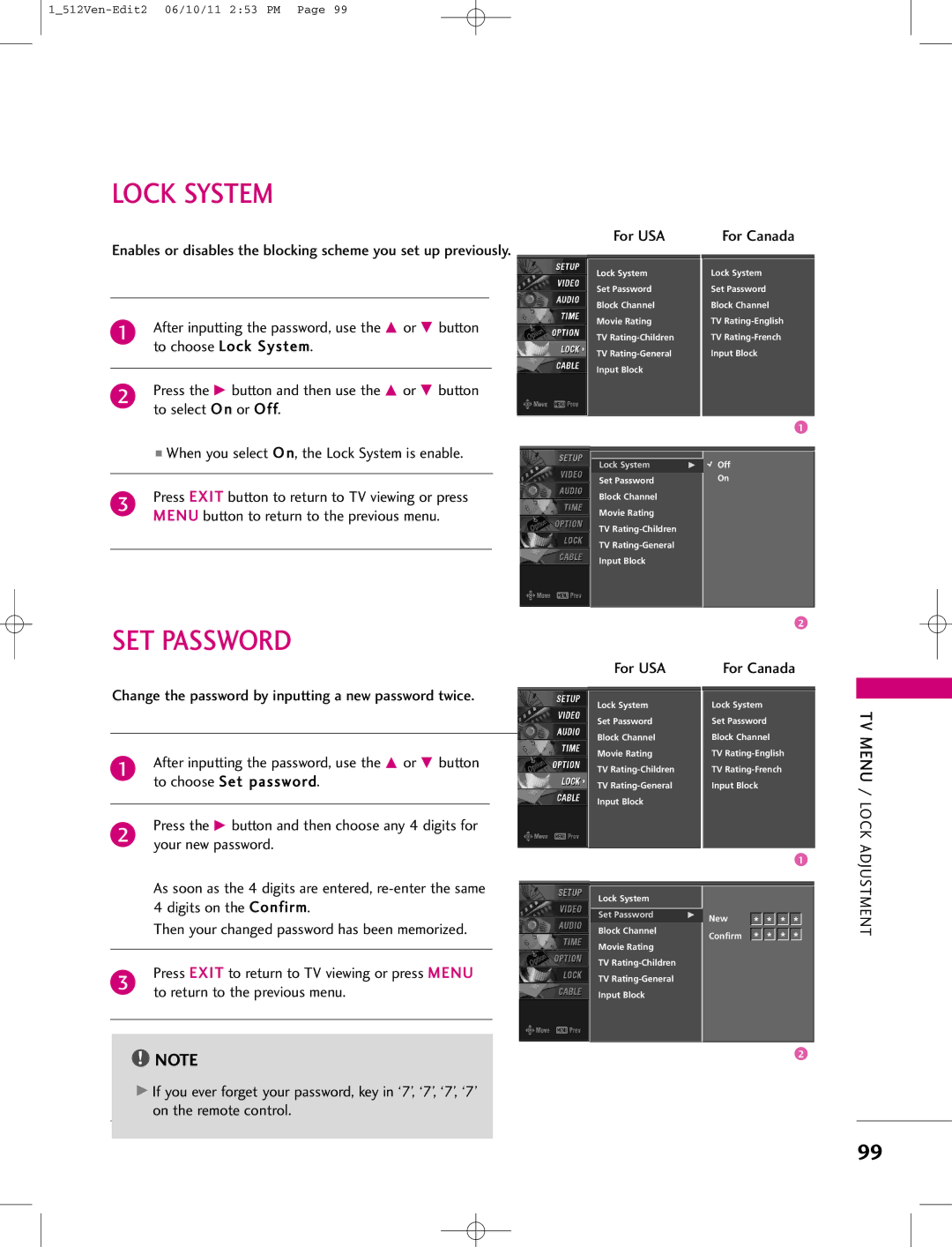 LG Electronics 47LB1DA manual Lock System, SET Password, Your new password, TV Menu / Lock, To return to the previous menu 