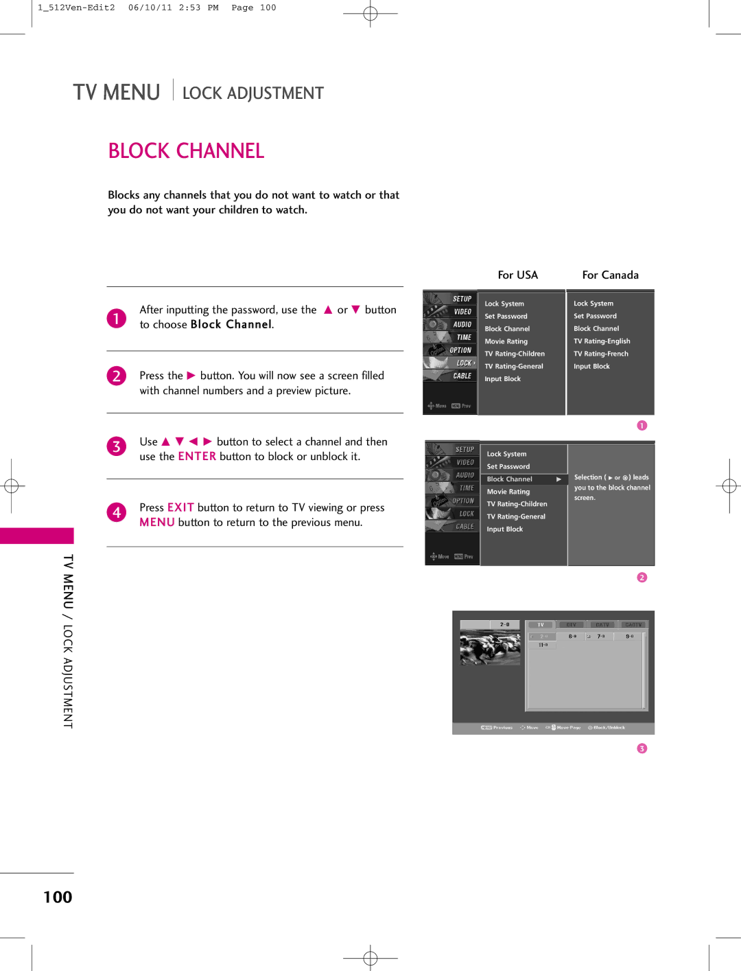 LG Electronics 47LB1DA manual 100, Or E button, To choose Block Channel 