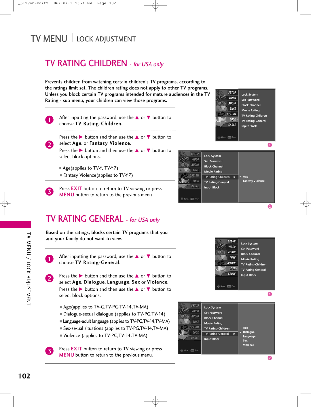 LG Electronics 47LB1DA manual 102, Ageapplies to TV-Y, TV-Y7, Fantasy Violenceapplies to TV-Y7 