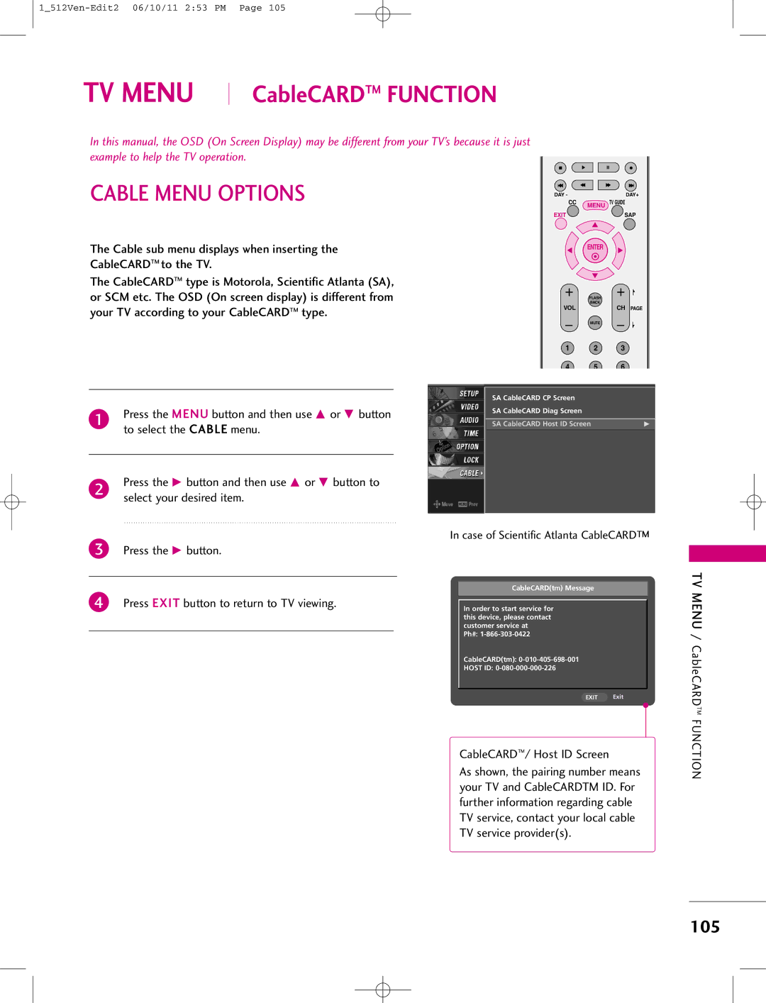 LG Electronics 47LB1DA manual Cable Menu Options, 105, CableCARD/ Host ID Screen 