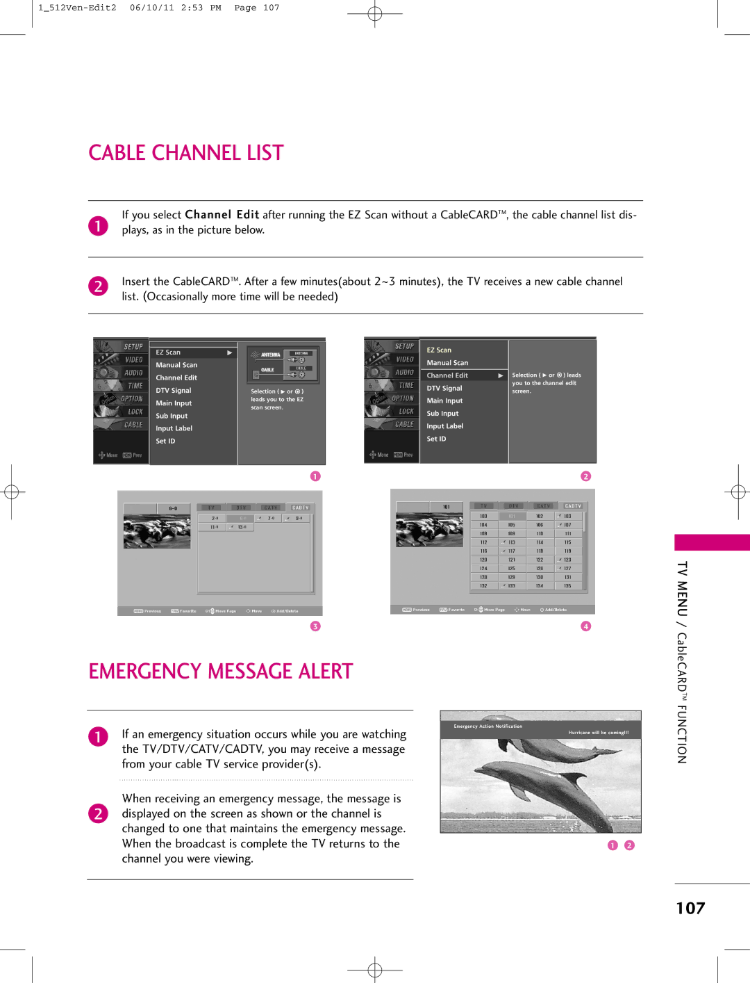 LG Electronics 47LB1DA manual Cable Channel List, Emergency Message Alert, 107, TV Menu / CableCARDTM 