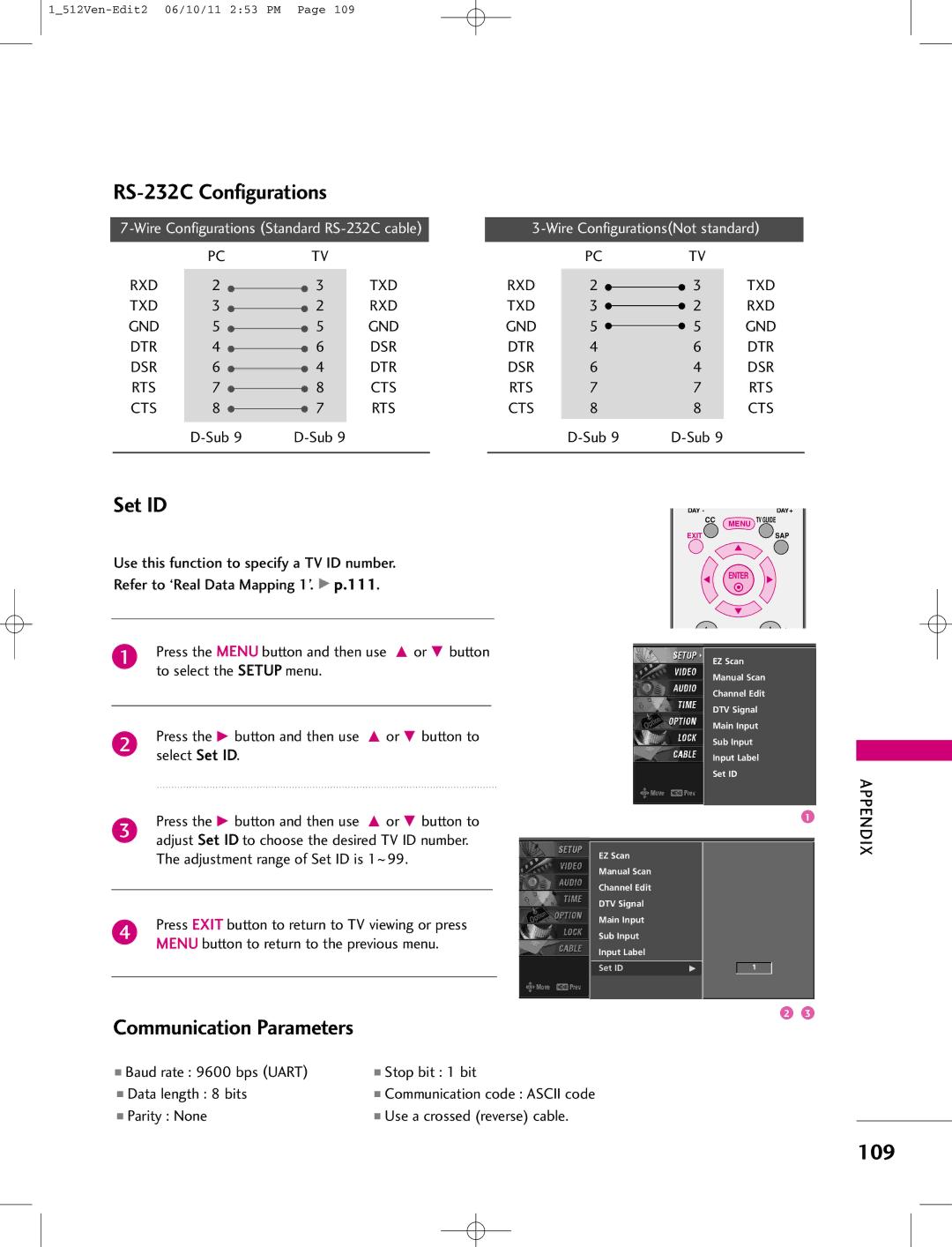 LG Electronics 47LB1DA manual RS-232C Configurations, Set ID, 109, Rxd Txd Gnd Dtr Dsr Rts Cts 