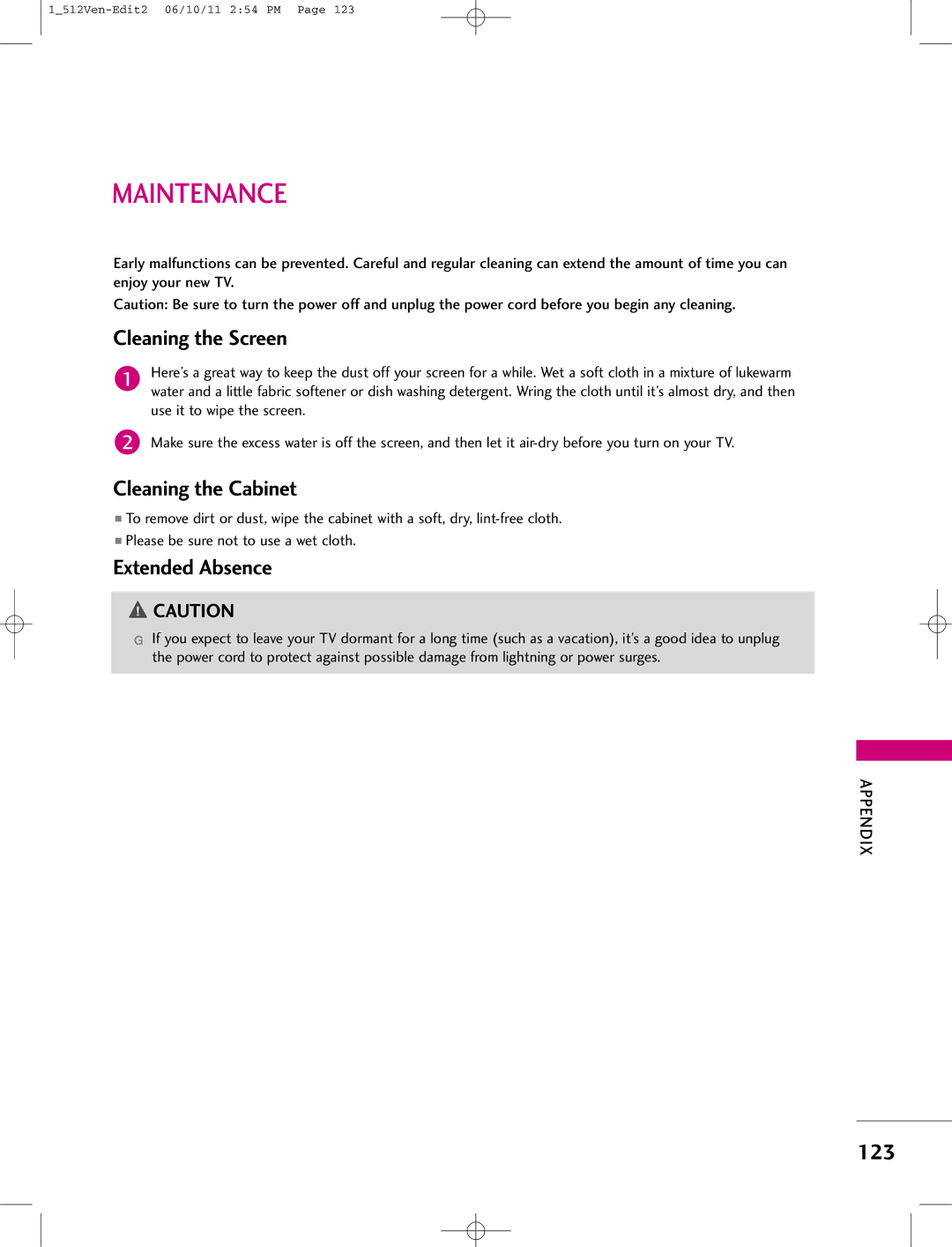 LG Electronics 47LB1DA manual Maintenance, Cleaning the Screen, Cleaning the Cabinet, Extended Absence, 123 